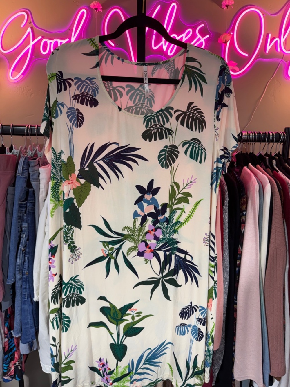 Soma Cream Tropical Floral Sleep Shirt with Green & Blue Leaves NWOT